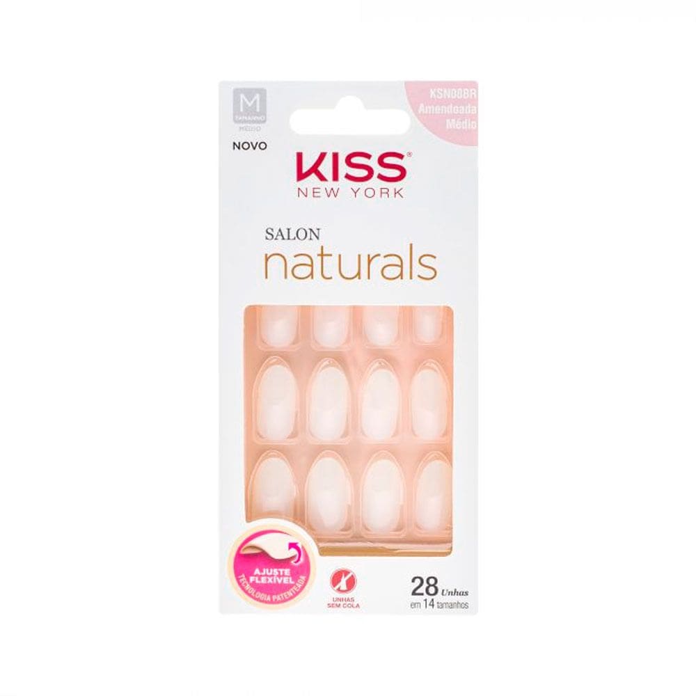 Unhas Posticas Kiss New York Salon Natural Amendoada Média com 28 Unidades