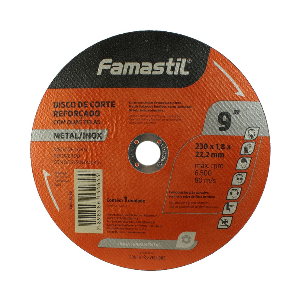 Disco Corte 9" 230×1,8×22,2 Metal/Inox Famastil
