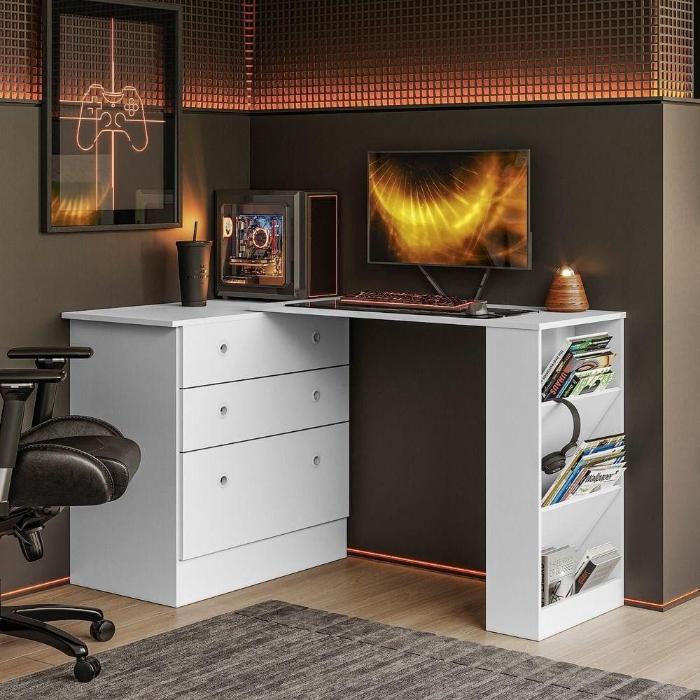 Mesa Escrivaninha Cômoda Giratória Gamer E Estudo Mdp Branco