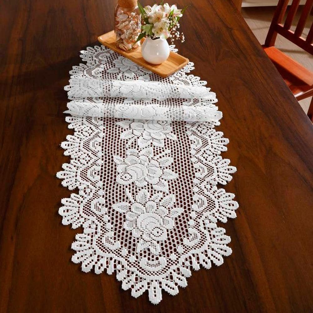 Trilho Oval Para Mesa Interlar Renda 100% Poliéster Rose Gardênia 40cmx1,25m Branco