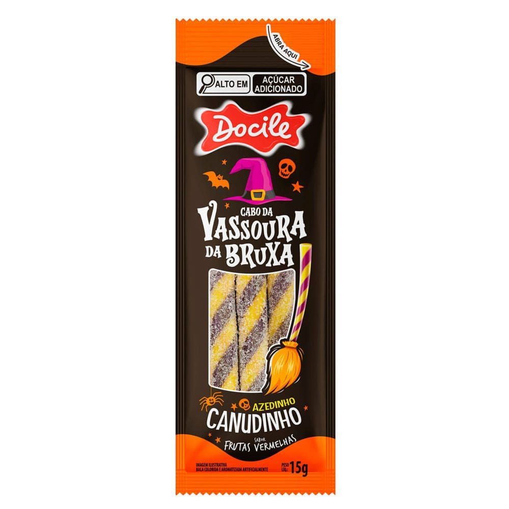 Balas Docile Canudinho Cabo da Vassoura da Bruxa Sabor Frutas Vermelhas 15g