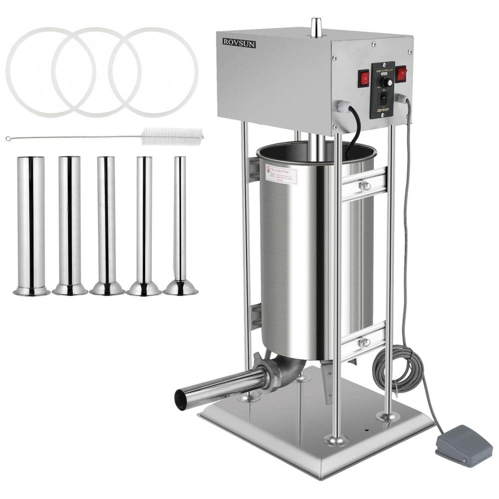 Máquina de Enchimento de Linguiças Elétrica ROVSUN 10L - Aço Inoxidável, Design Vertical, Velocidade Ajustável, 5 Tubos de Enchimento, Uso