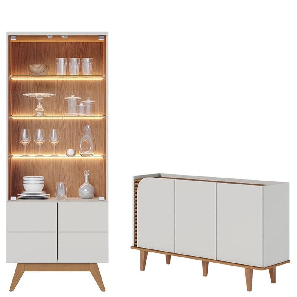 Cristaleira Noronha Off White Matte Freijó com Aparador Buffet Jurerê Off White Matte Freijó - Colibri