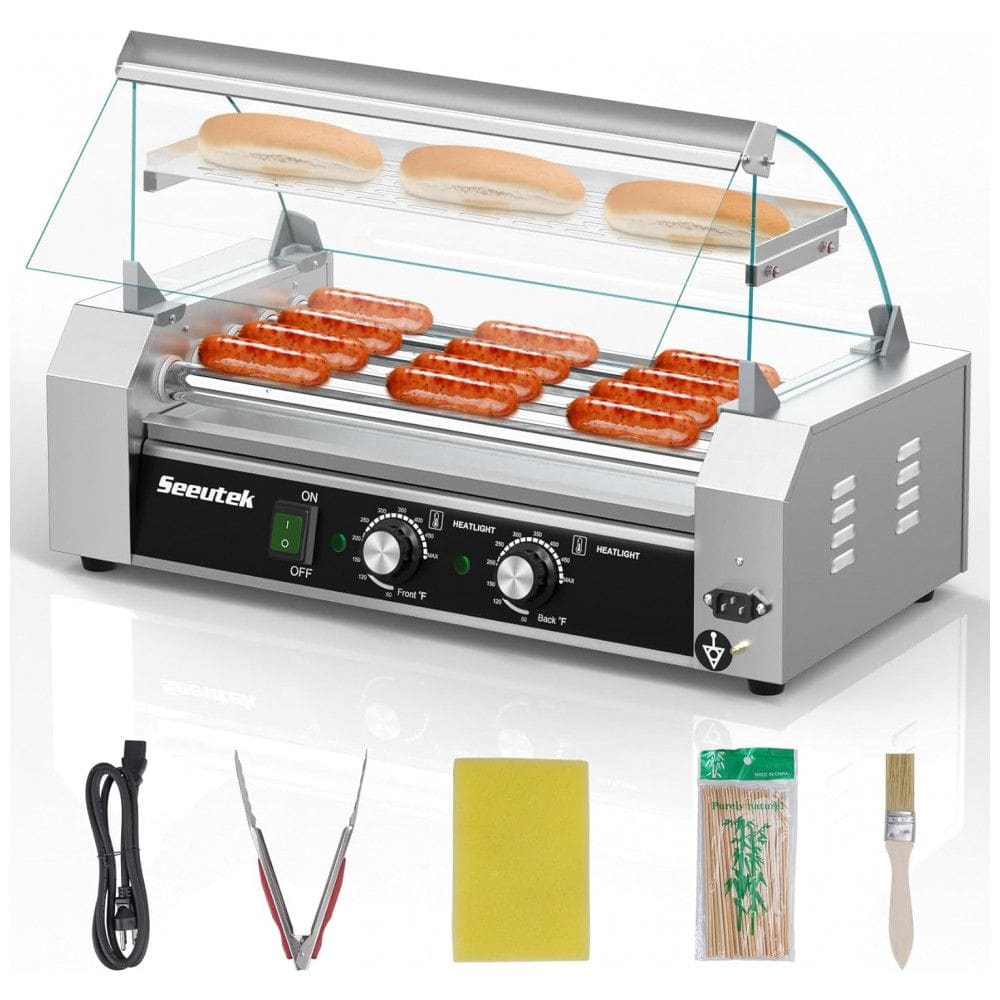 Máquina de Cachorro-Quente Seeutek com 5 Rolos, Capacidade para 18 Cachorros-Quentes, 1100W, Aço Inoxidável, Controle de Temperatura Duplo,