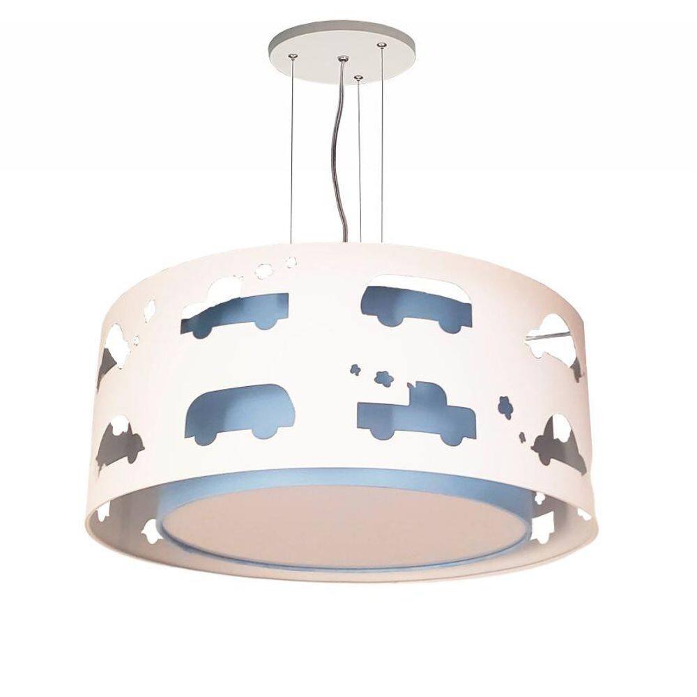 Lustre Infantil Pendente Recorte Carrinhos 50X16 Azul Bebê