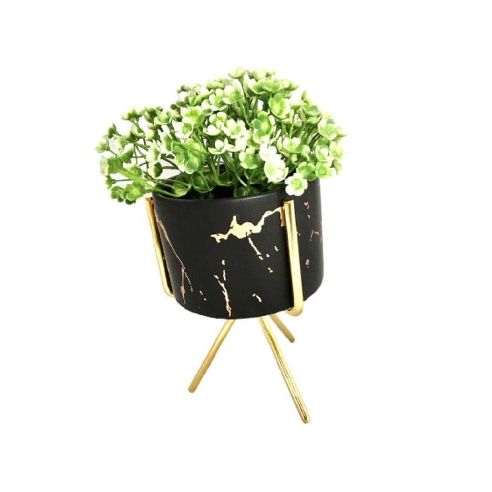 Cachepot Resina Preto E Rosé Base Metal Gold E Planta Decor