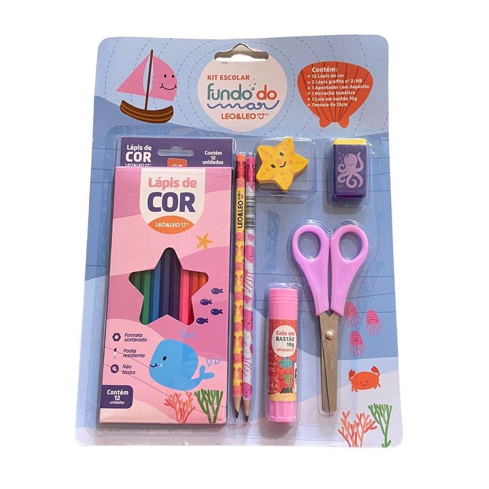 Kit Escolar Infantil Fundo Do Mar Com 7 Itens Leo E Leo