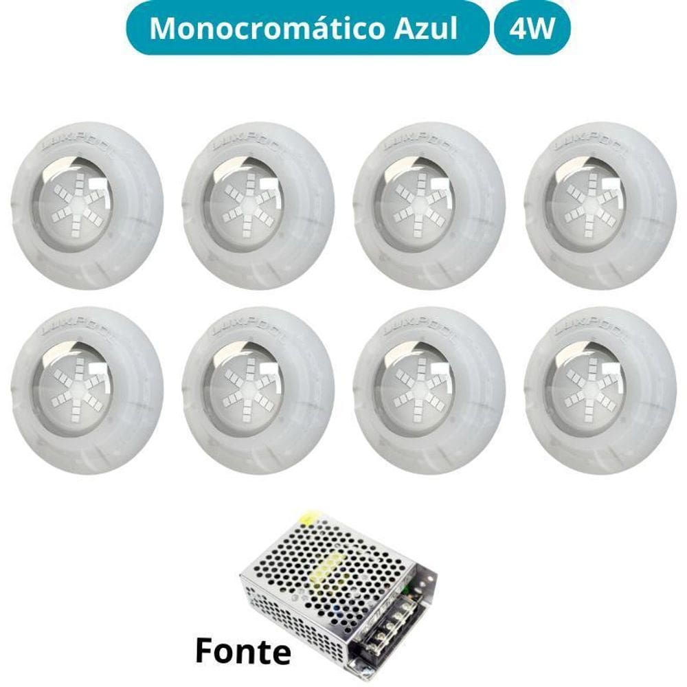 Kit Iluminação Azul Piscina 64M 8 Leds Com Fonte Luxpool