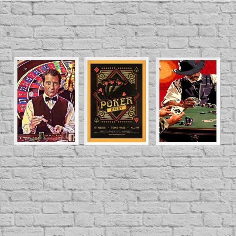 Kit 3 Quadros Baralho Poker Night 45X34Cm - Madeira Branca