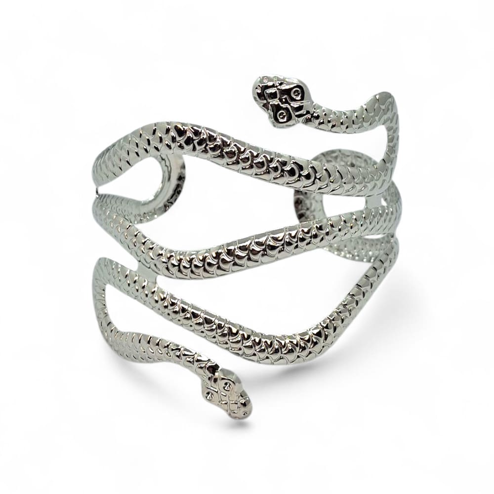 Bracelete De Cobra Larga Prata de Duas Cabeças