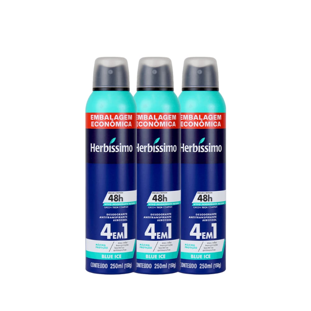 Kit Desodorante Aerosol Antitranspirante Herbíssimo Blue Ice 250Ml - 3 unidades