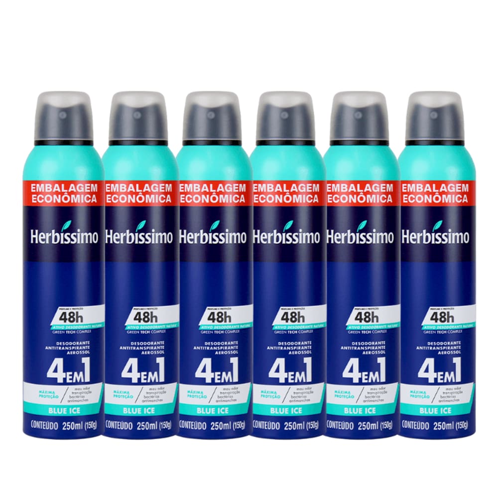 Kit Desodorante Aerosol Antitranspirante Herbíssimo Blue Ice 250Ml - 6 unidades