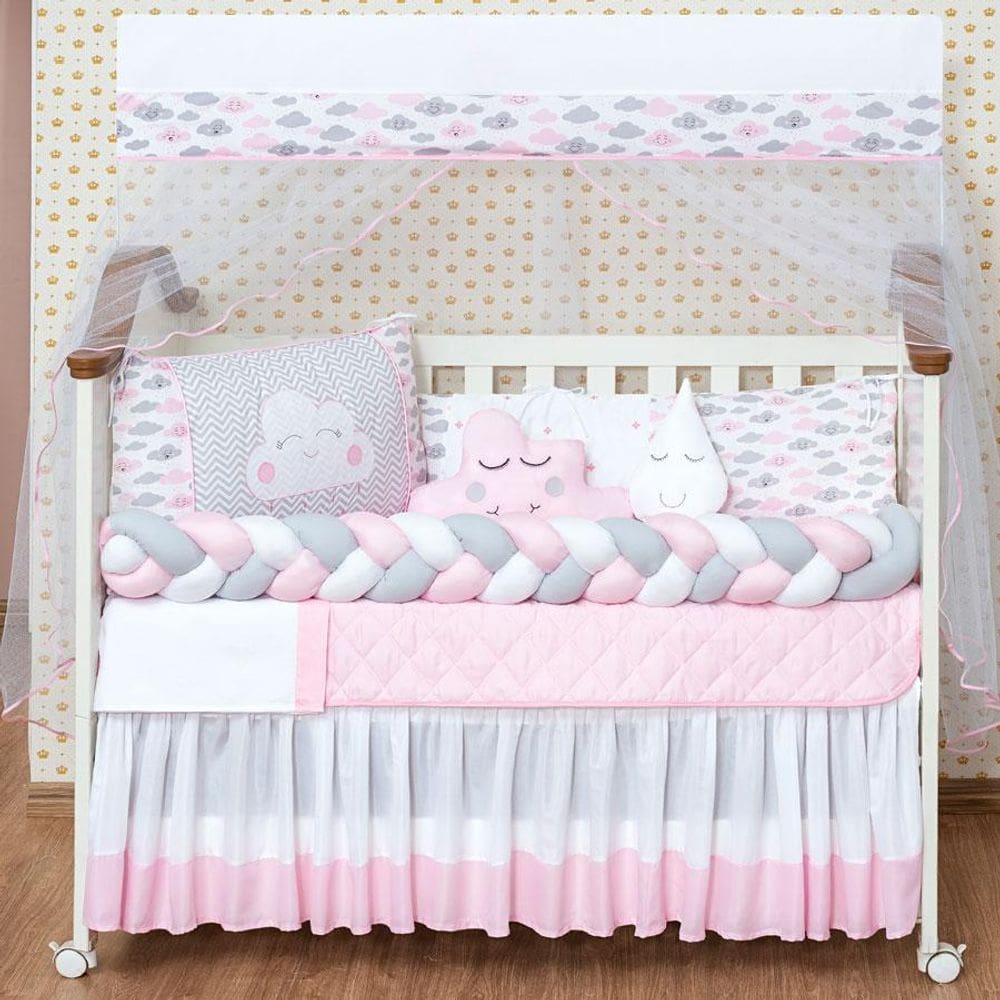 Kit Berço Trança Nuvem Modelo Americano Menina 12 Peças Rosa