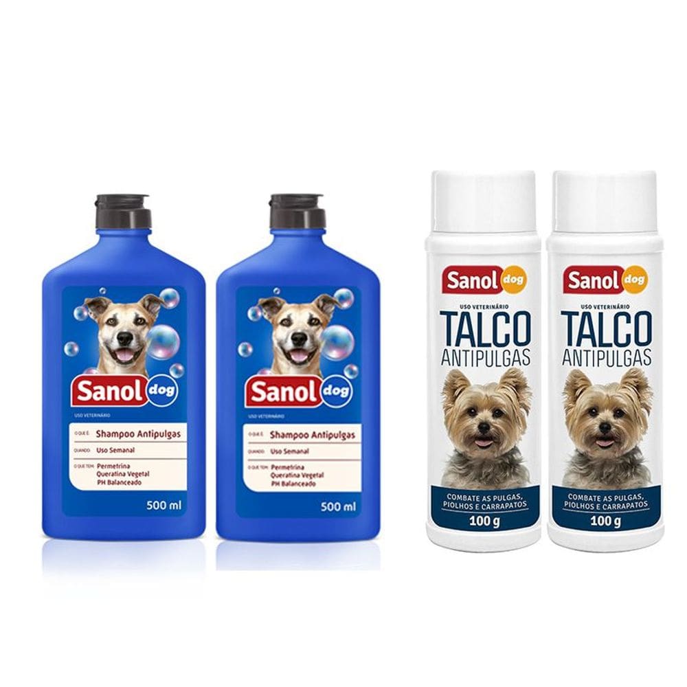 Kit Tratamento Anti Pulga para Cachorro: 2 Shampoos Anti pulgas e 2 Talcos Anti pulgas para o animal e Ambiente Sanol