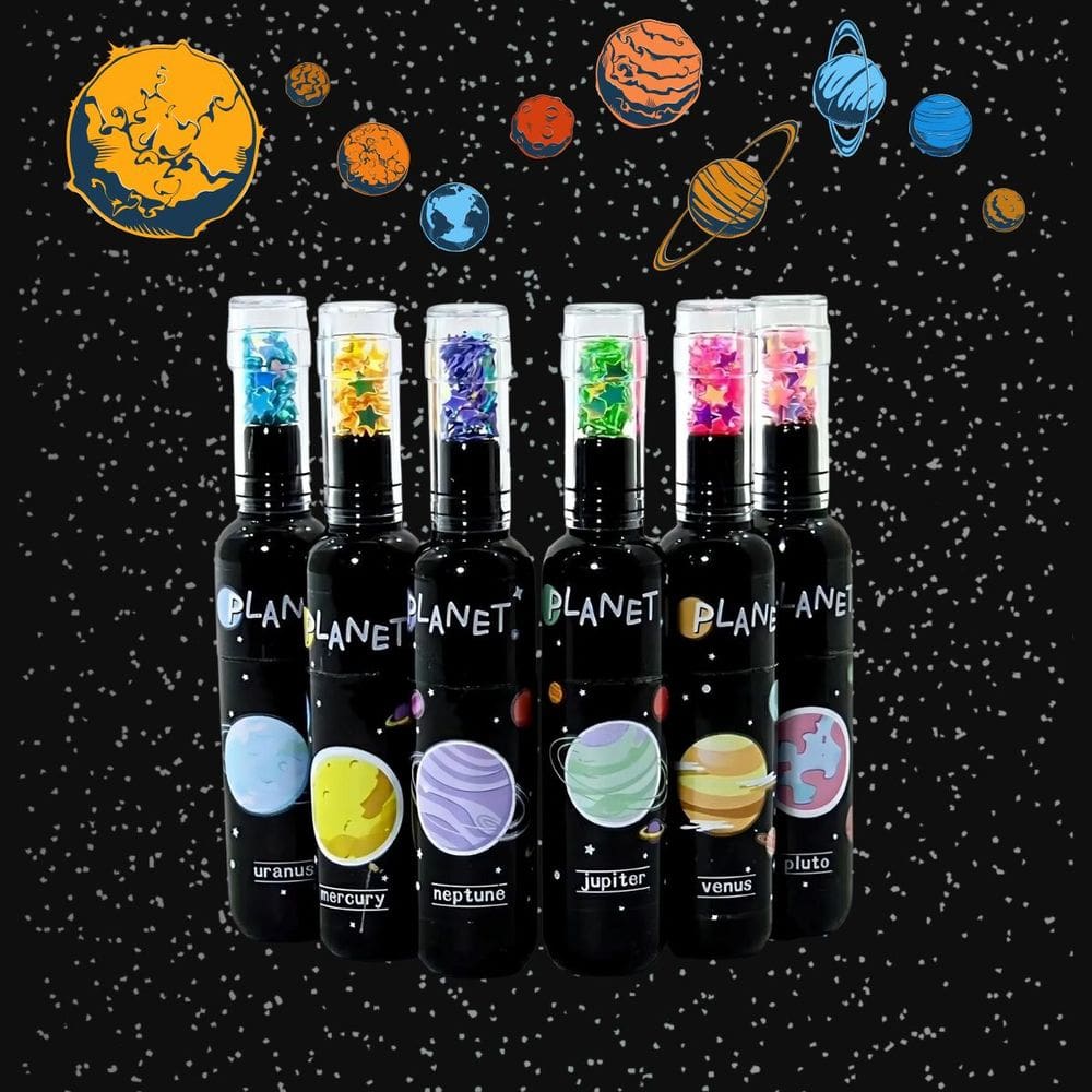 Kit 6 Caneta Marca Texto Mini Planetas Com Estojo Colorido Galáxia Papelaria Divertida Estojo | Estrelinhas | Brilho