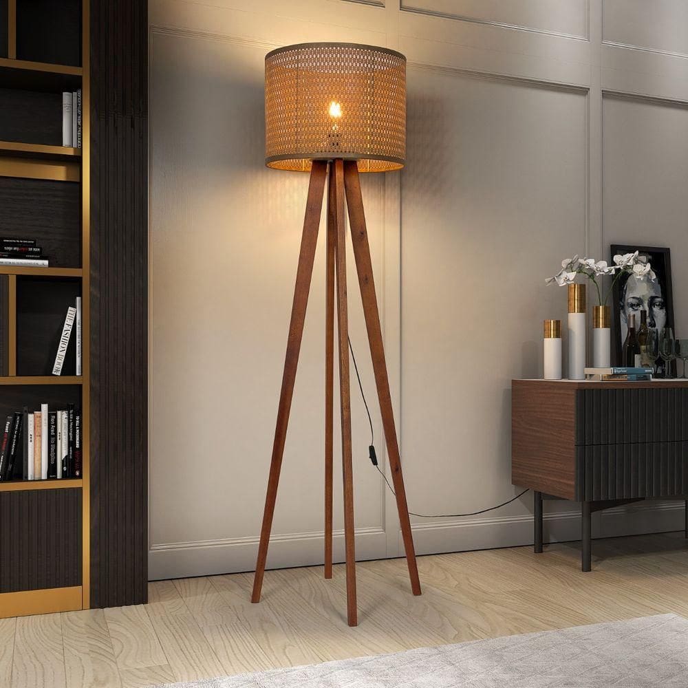 Luminária De Chão Madri Cúpula Indiana Pés De Madeira Maciça - Teca/marrom