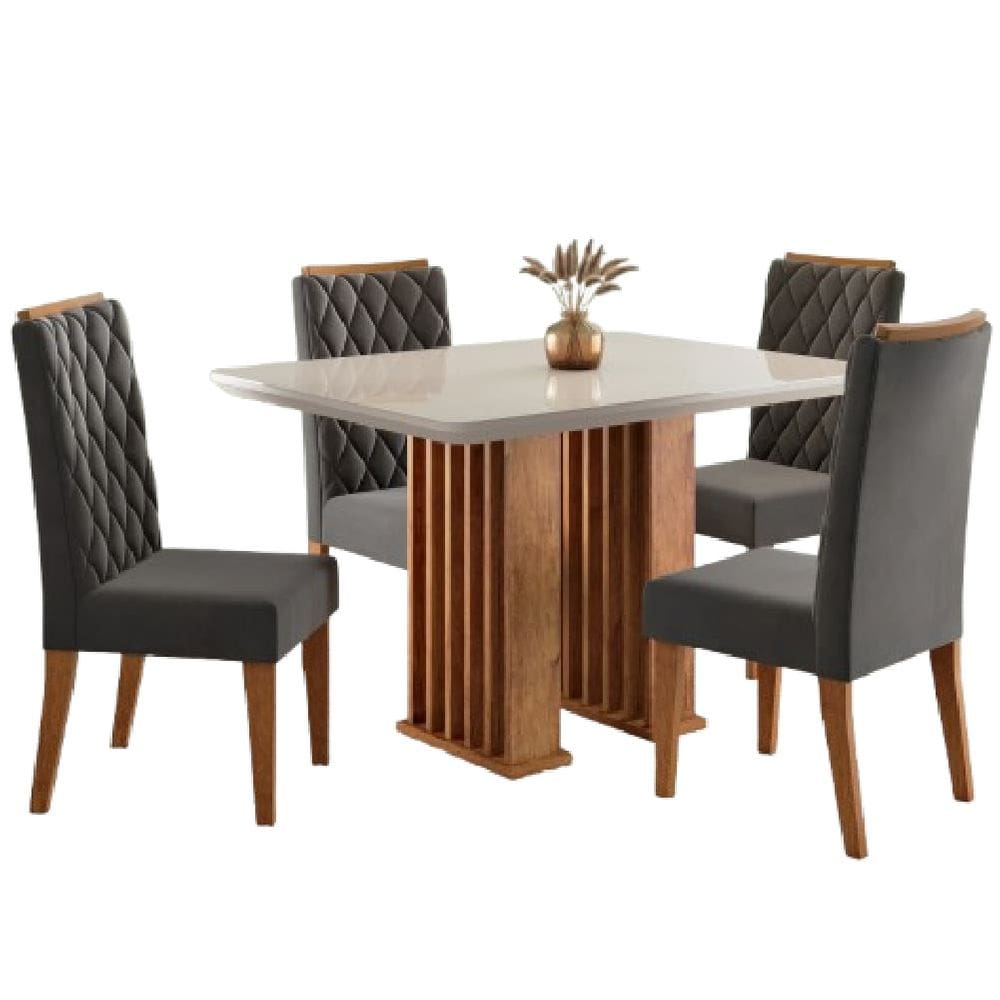 Conjunto de Mesa Sala de Jantar Tampo com Vidro Mond 1,20m 4 Cadeiras Bele Veludo Viero