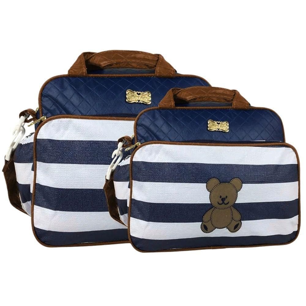 Kit Bolsas Maternidade Listras Ursinho Baby Azul Marinho