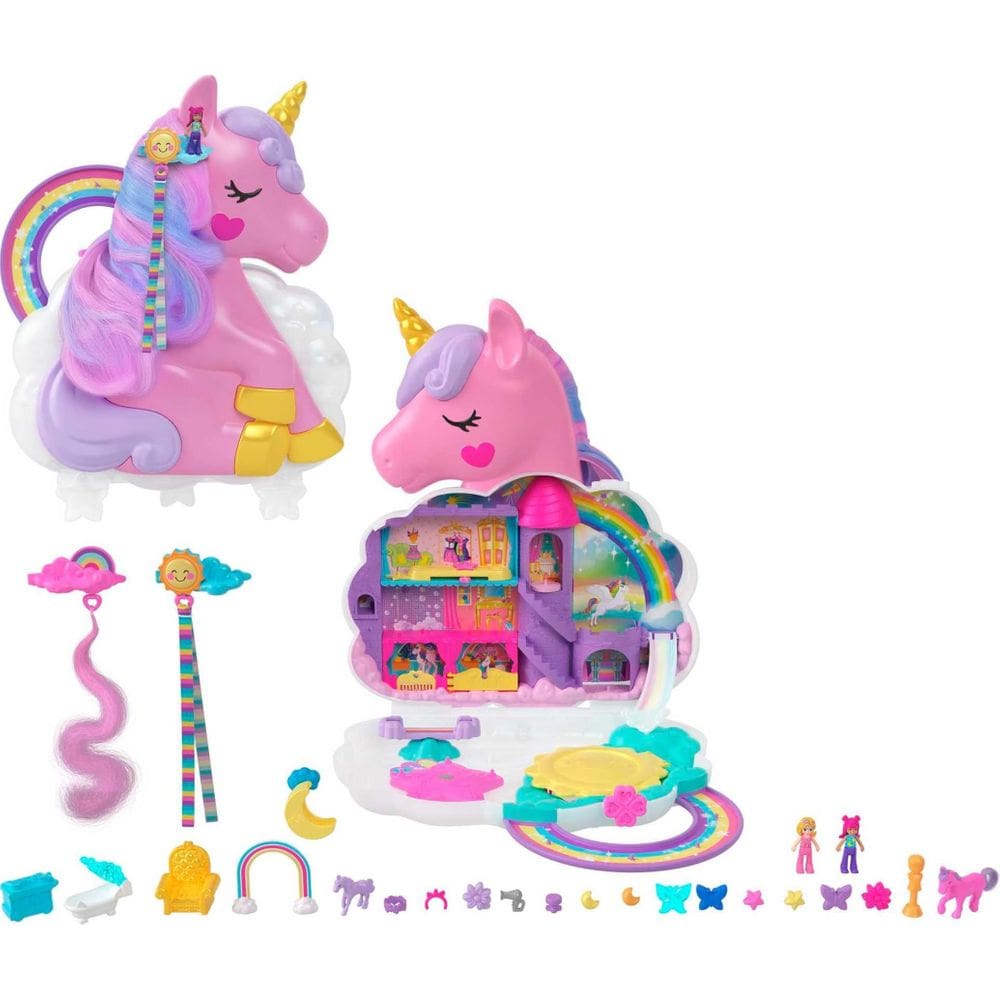 Brinquedo de viagem Polly Rainbow Unicorn com 2 micro bonecas