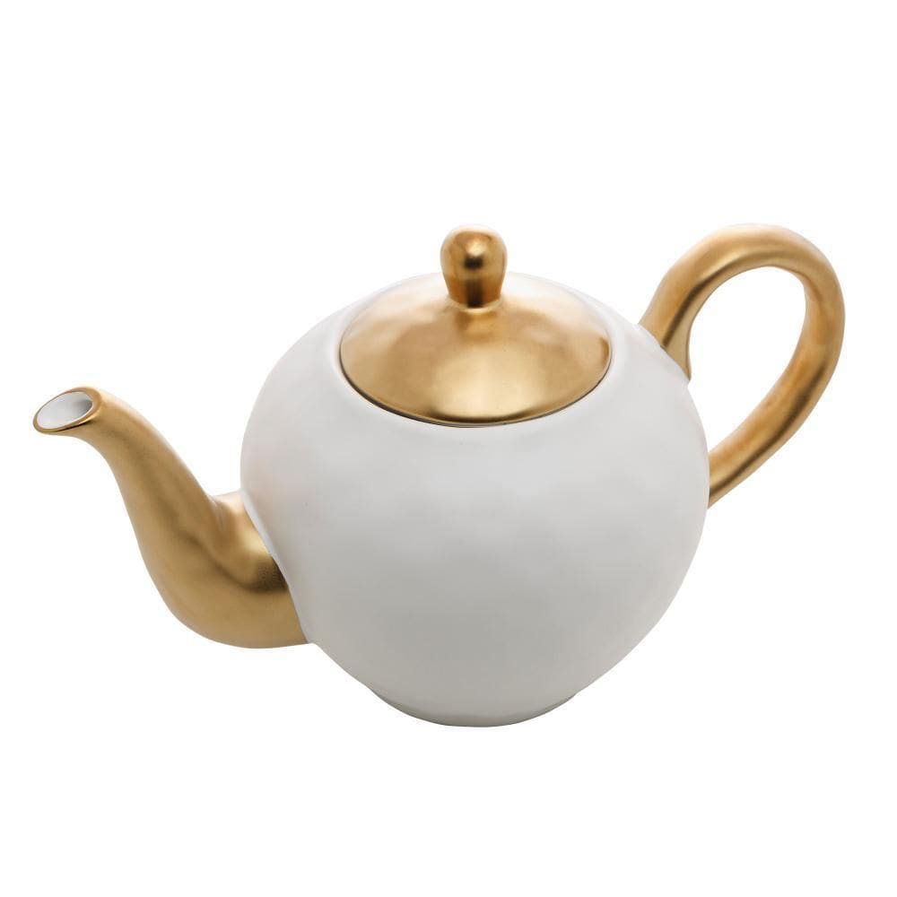 Bule P/Chá De Porcelana Branco E Dourado Dubai 1L