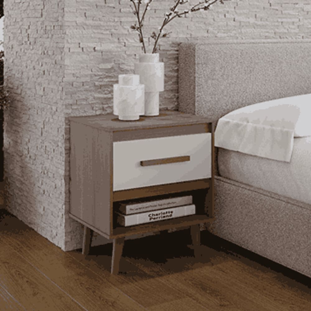 Mesa de Cabeceira pequena Mila com 1 Gaveta e Nicho Retrô - Savana/Off-White