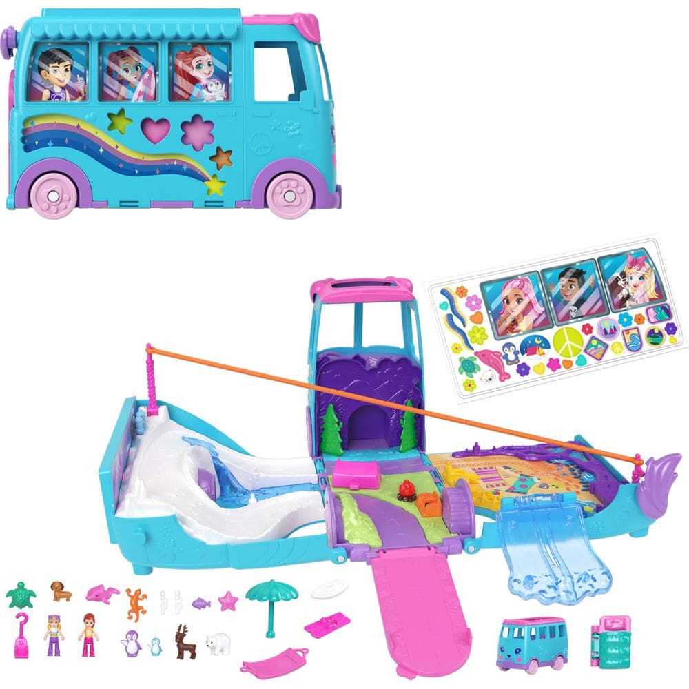 Playset Polly Micro Dolls com van de acampamento transformadora