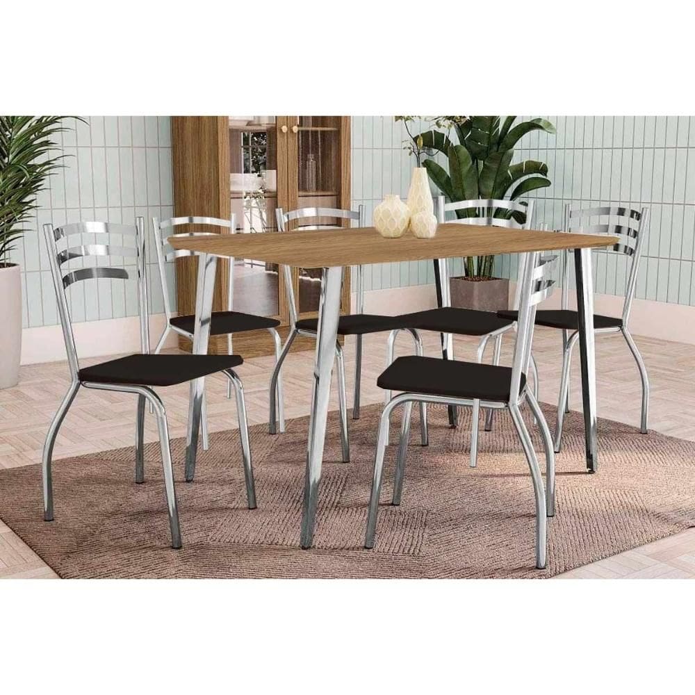 Conjunto: Mesa de Cozinha Iguaçu c/ Tampo de Madeira 1.60cm + 6 Cadeiras Portugal Cromada - Courano Preto - Kappesberg