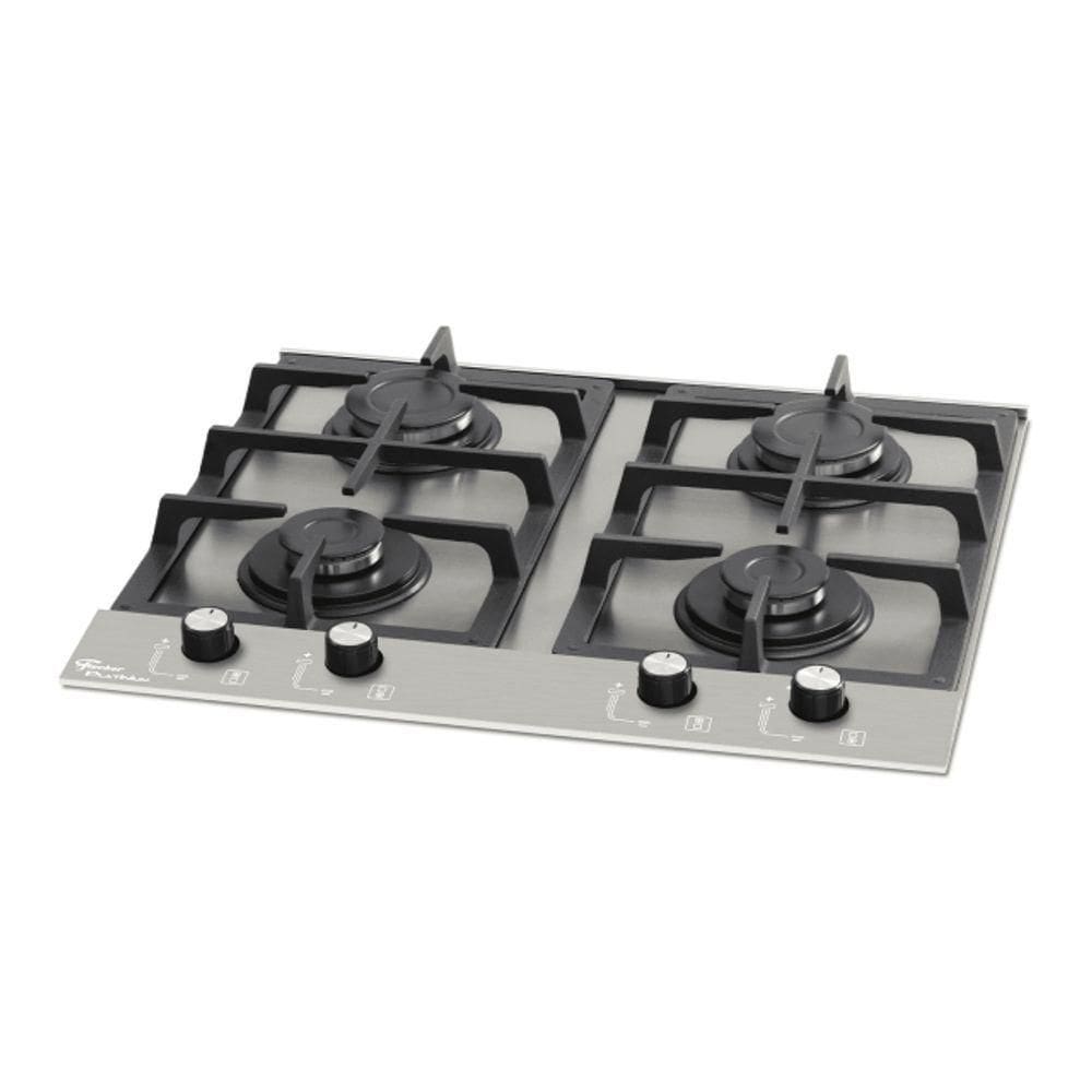 Cooktop A Gás Fischer 4 Bocas Platinium Com Trempe De Ferro Fundido Mesa Aço Bivolt