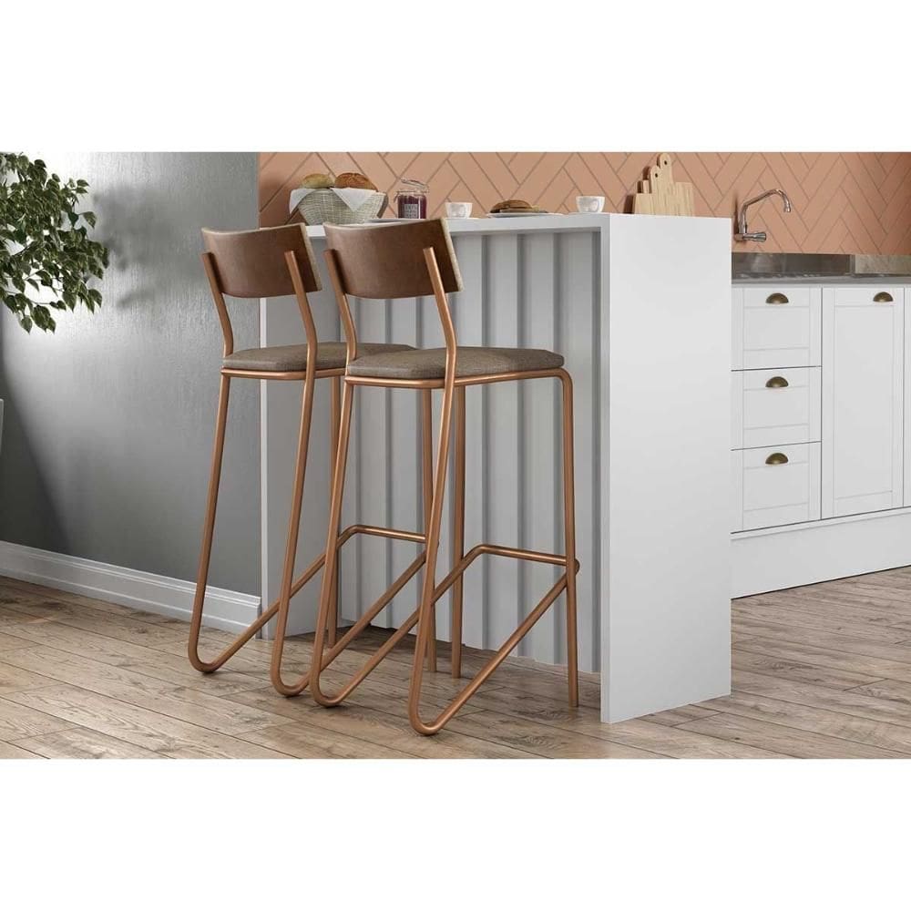 Balcão Ilha Cozinha Gourmet Bella 2613 120cm e 2 Banquetas 1747 Branco - Rose/Areia/Caramelo - Carraro