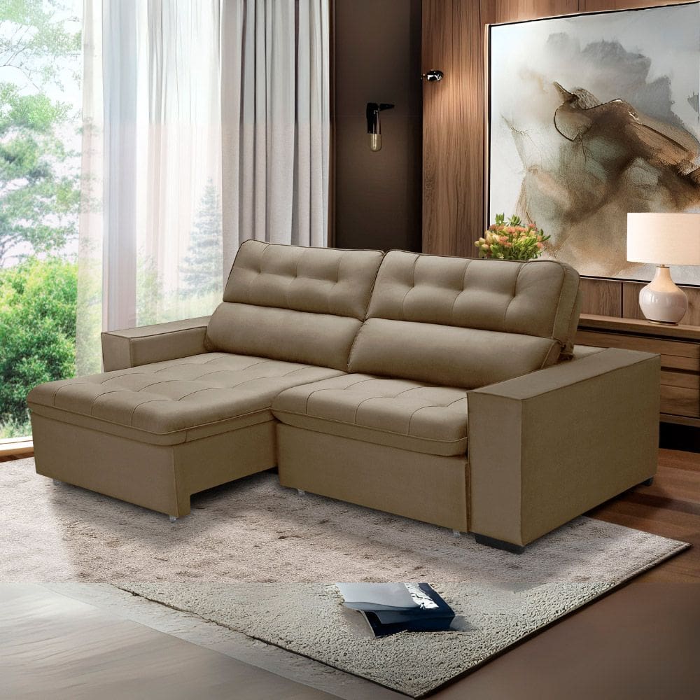 Sofa Retratil Reclinavel 2 Lugares 2,00 Vitória Veludo Capuccino LansofBr