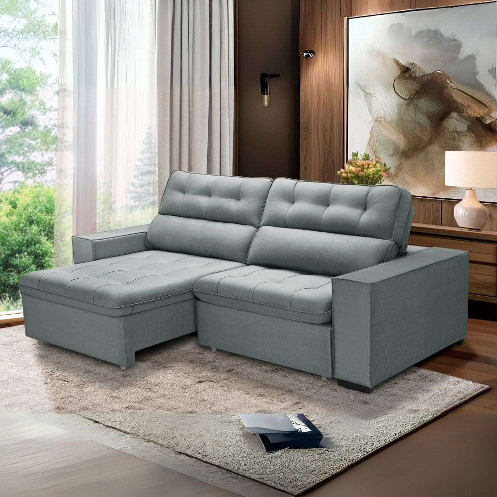 Sofa Retratil Reclinavel 2 Lugares 2,50 Vitória Veludo Cinza LansofBr
