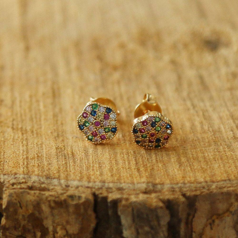 Brinco Folheado à Ouro Flor com Zircônia Colorida