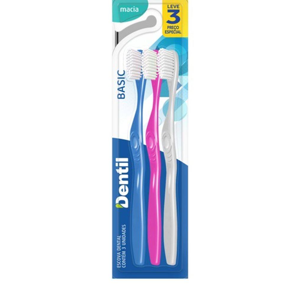 Kit Escova Dental Dentil Basic Cerdas Médias diversas Pack 3 Un