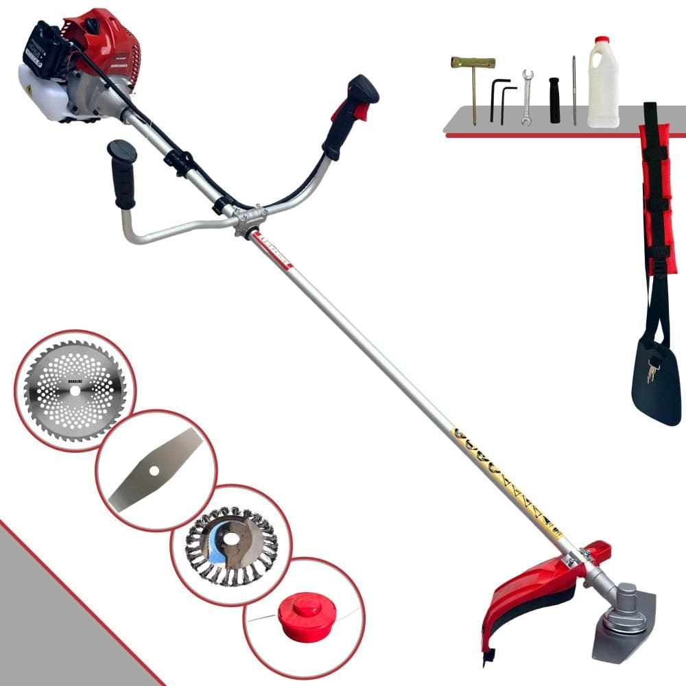Roçadeira Kawashima BCJ620-L À Gasolina 62cc 3HP Completa 4 Em 1 Com Carretel Nylon + Lâmina 2 Pontas + Lâmina 40 Dentes + Escova de Aço 24 Cerdas