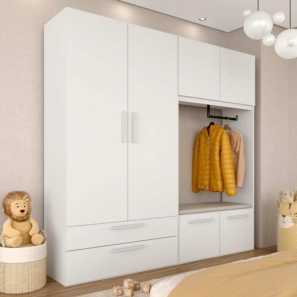 Guarda Roupa Modulado Infantil Com Puff Baú Joy Branco/l.bege - M.a