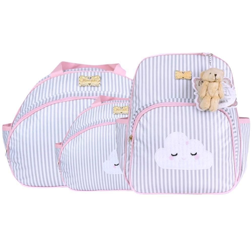 Kit Bolsas E Mochila Maternidade Listrado Baby Classic Cinza E Rosa
