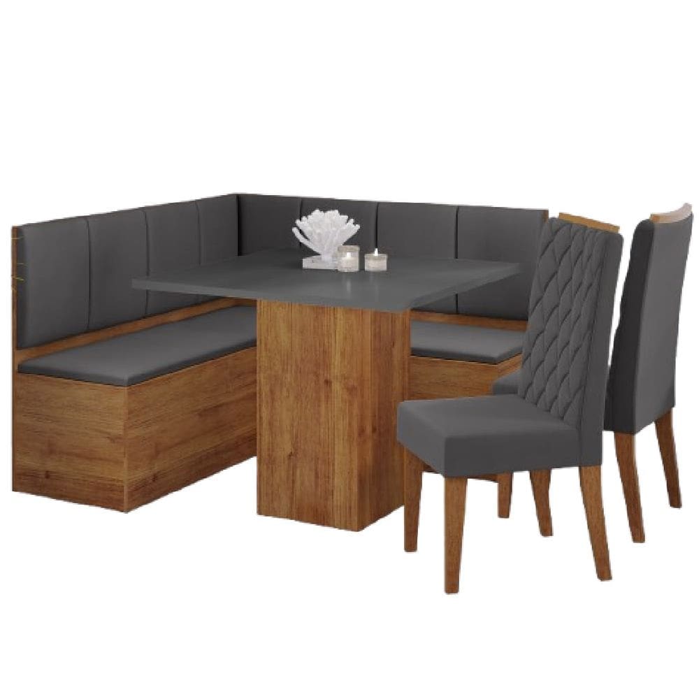 Conjunto Sala de Jantar Canto Alemão com Baú Liebe com Mesa Lord e 2 Cadeiras Bele Veludo Viero