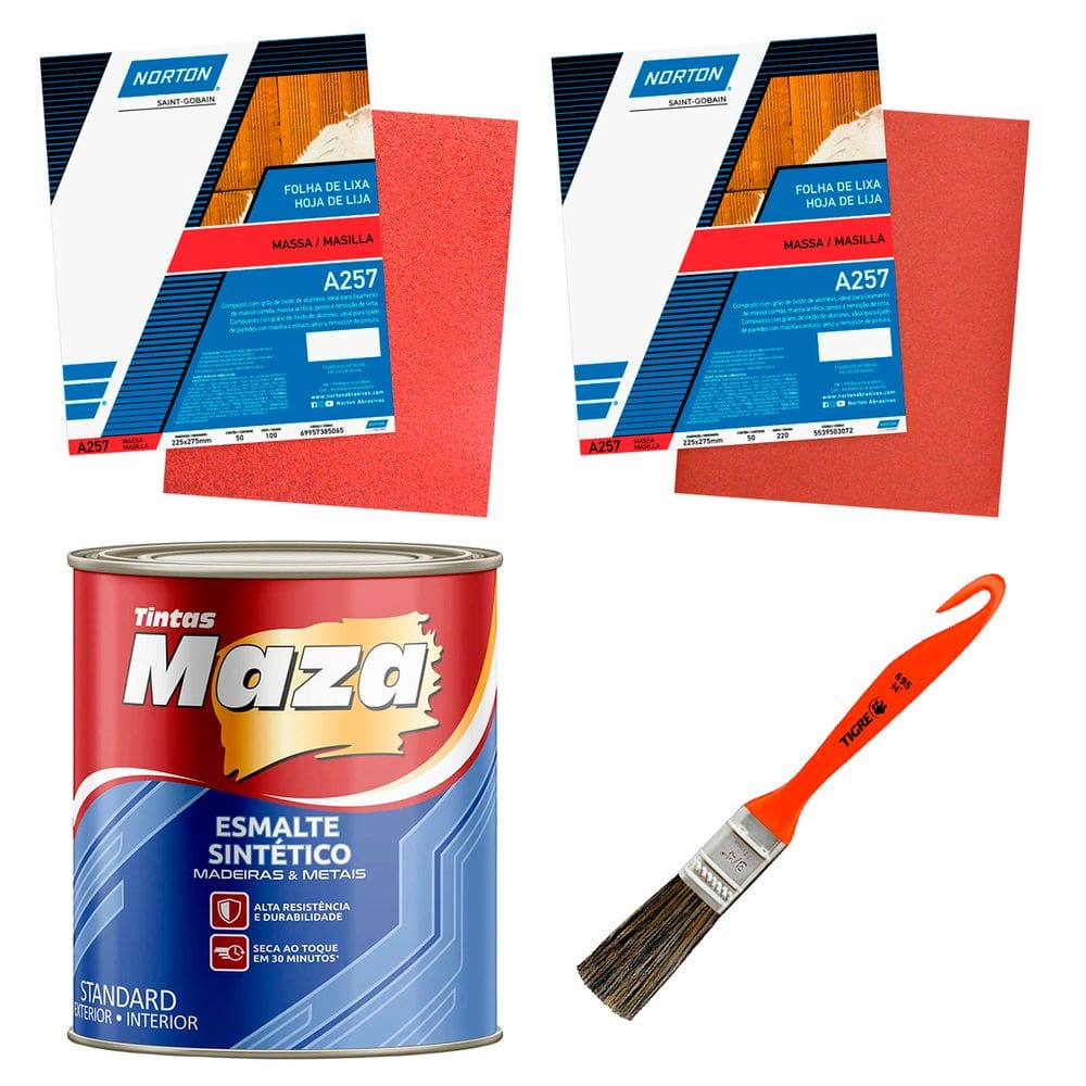 Kit Esmalte Sintetico Preto Maza Lixas Pincel Pintura Geral