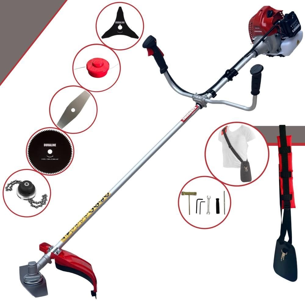 Roçadeira Kawashima BCJ620L À Gasolina 62cc 3HP Com 5 Opções de Corte Com Carretel Nylon + Faca 2 Pontas + Faca 3 Pontas + Faca 80 Dentes + Trimmer