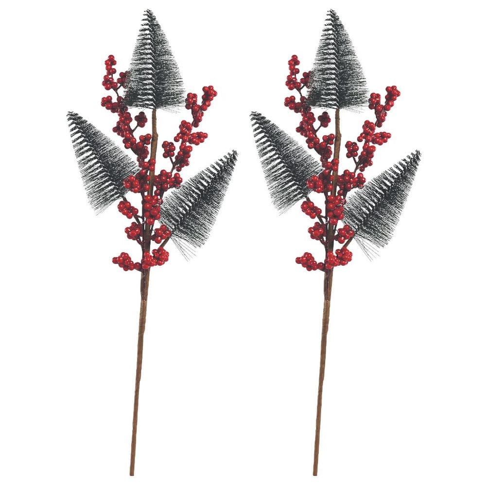 Jogo 2 Galhos Decor Natal 3 Pinheiros Nevados e Berries 48cm - Magizi