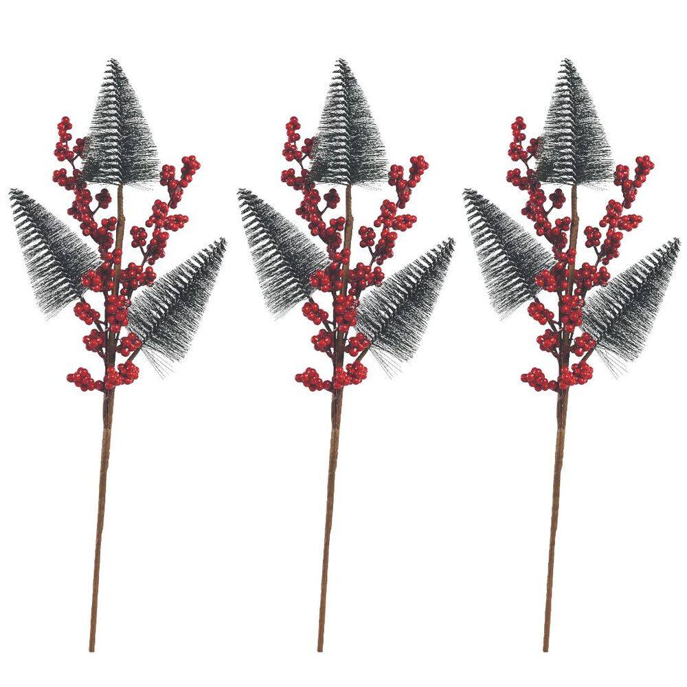 Jogo 3 Galhos Decor Natal 3 Pinheiros Nevados e Berries 48cm - Magizi