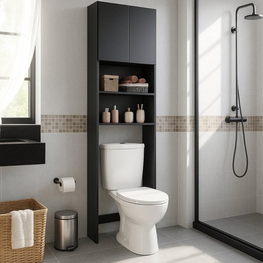 Armário Banheiro p/ Vaso Sanitário com 2 portas 2540 Multimóveis Preto - Organizador ideal para Banheiros Pequenos