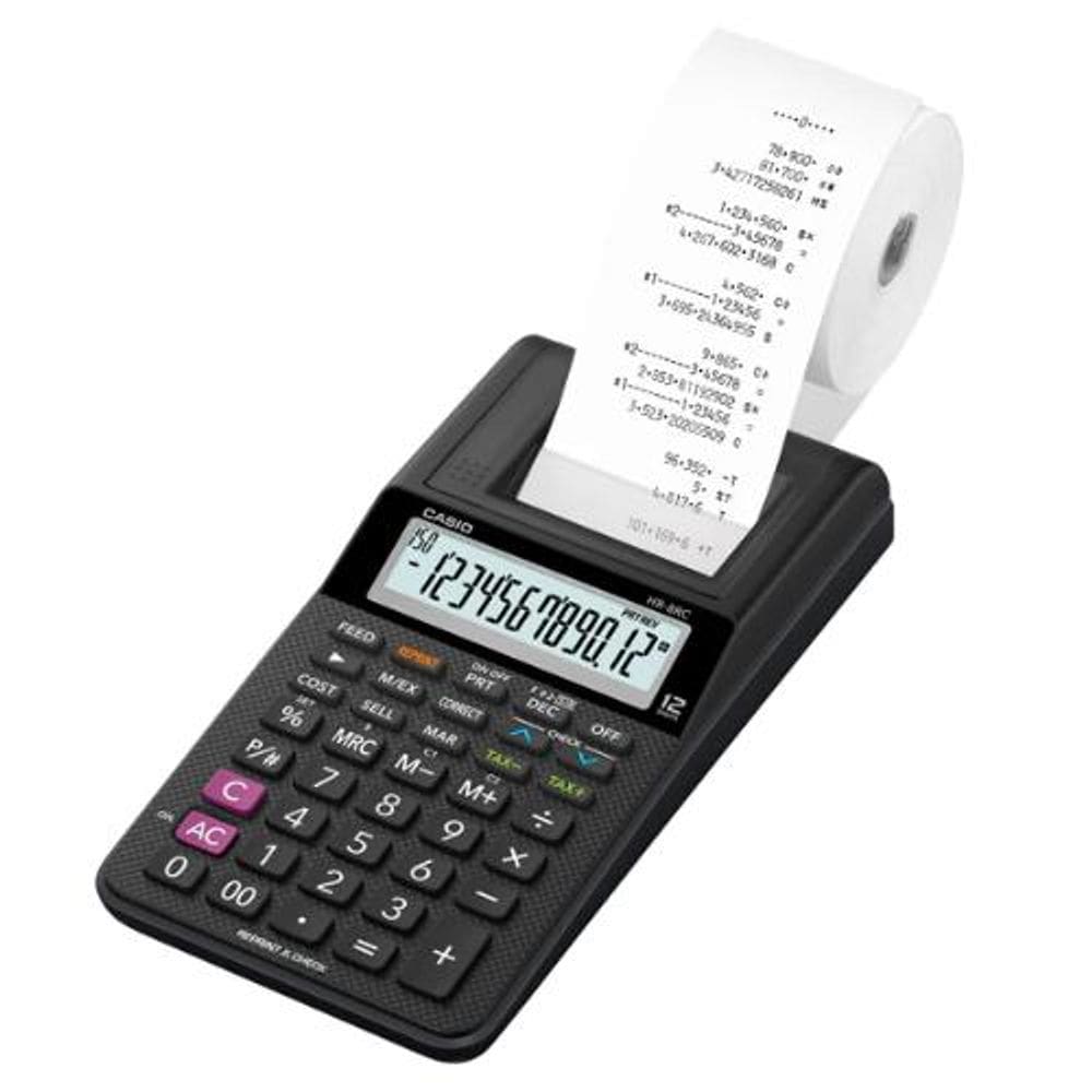 Calculadora de Mesa com Impressora, Preta, Visor Grande de 12 Dígitos, HR-8RC-BK