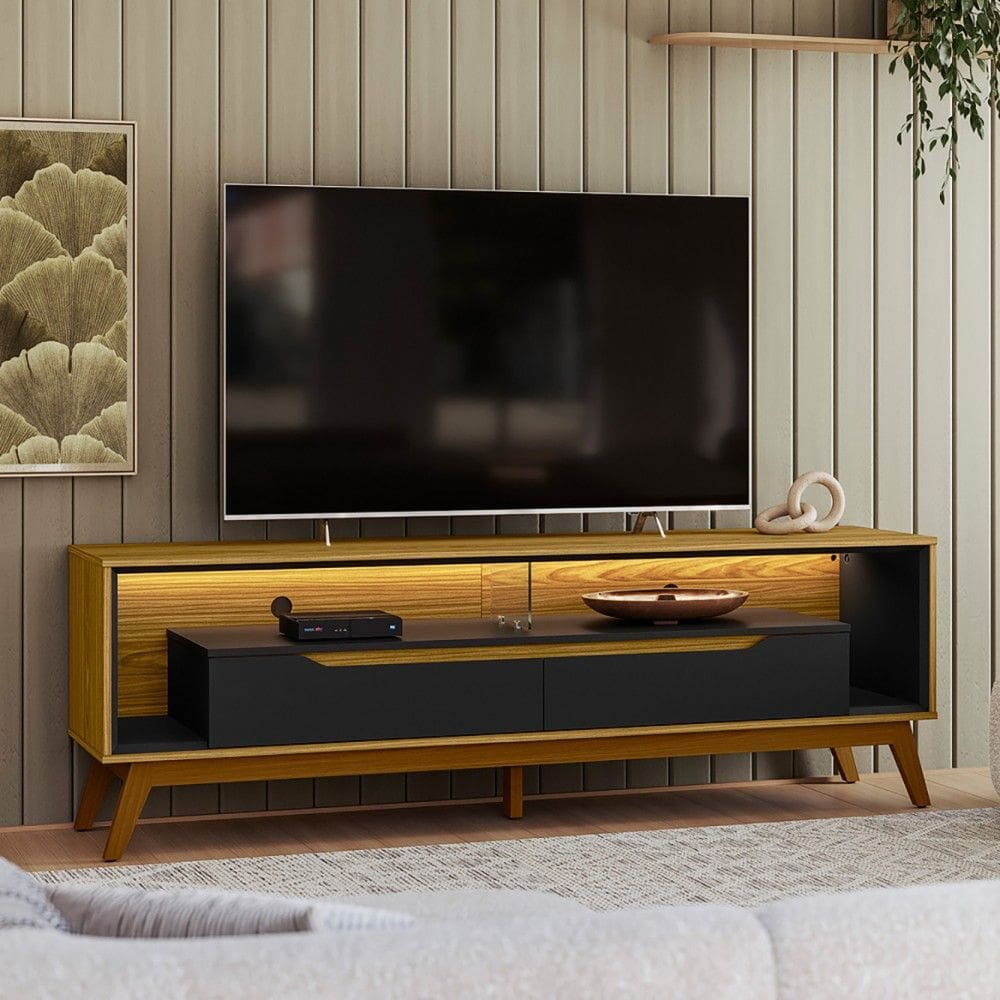 Rack com Led p/ TV 65 Polegadas 175cm Duo Pés Madeira – Olivar Móveis