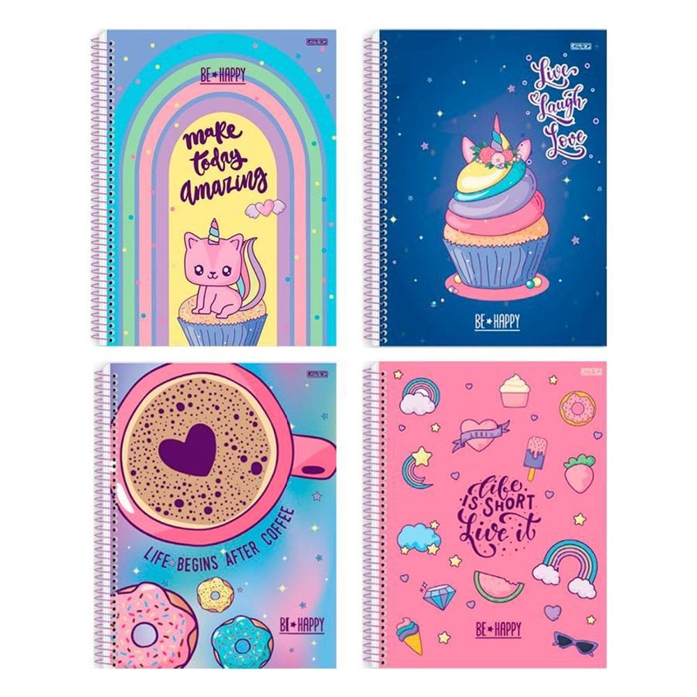 Caderno Unv Espiral Capa Dura Be Happy Cores 80F 1Mat