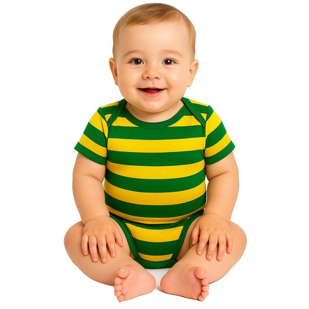 Body de Bebê Manga Curta Torcedor Brasil Listrado Verde Amarelo