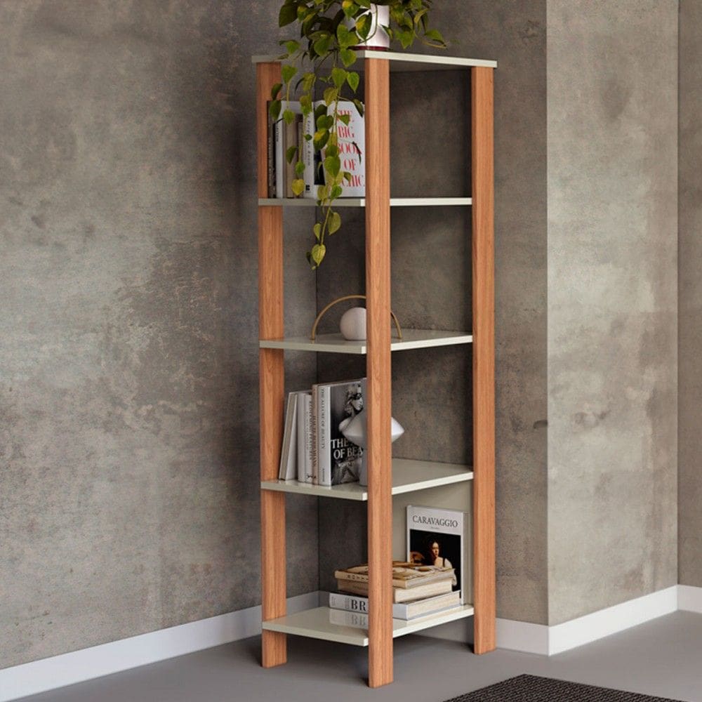 Estante para Livros 4 Prateleiras 100% Mdf Off White/Freijó F28 - Pradel