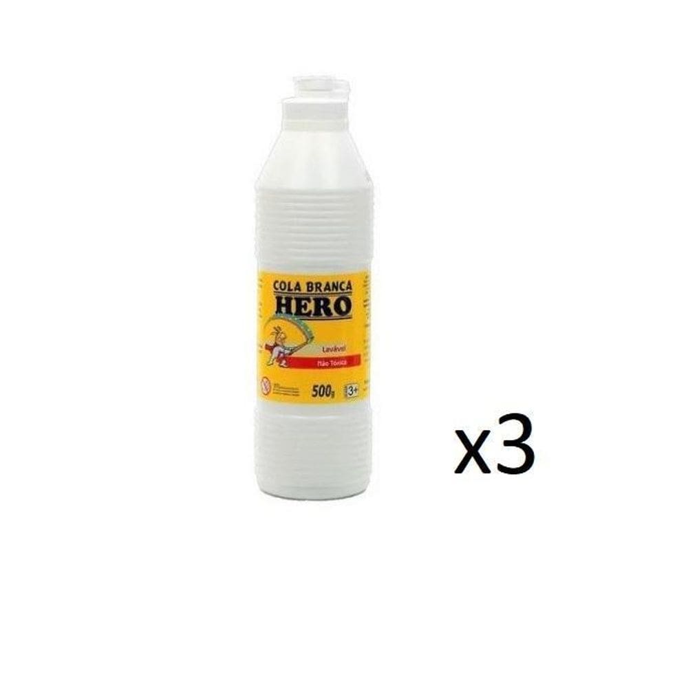 Cola Branca Escolar 500Gr - Marca Hero - Kit 3 Frascos