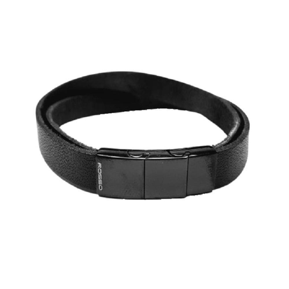 Bracelete Rosso 20Cm Couro Duplo Trabalhado Preto Black Liso