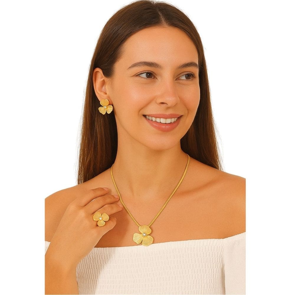 Kit Joias Femininas Flor Dourada Colar Brinco e Anel Cristal